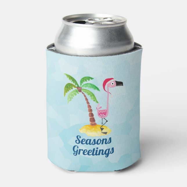 Seasons Greetings Pink Flamingo in Santa Hat Can Cooler (Can Front)