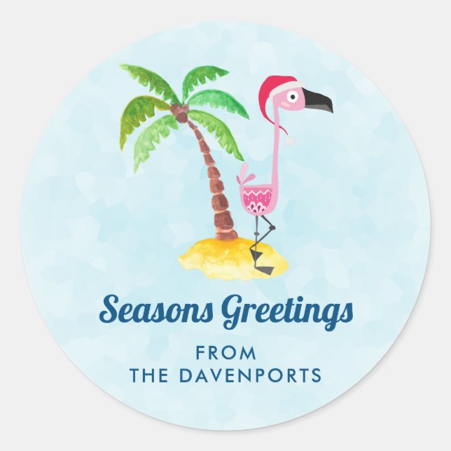 Seasons Greetings Pink Flamingo in Santa Hat Classic Round Sticker (Front)