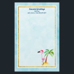 Seasons Greetings Pink Flamingo in Santa Hat Stationery<br><div class="desc">Personalised stationery paper with the text: Seasons Greetings. A whimsical drawing of a pink flamingo wearing a red santa hat. Standing on a mound of yellow beach sand with a green and brown coconut palm tree in the back. Light blue background with a faint polygonal pattern. Layered over top is...</div>