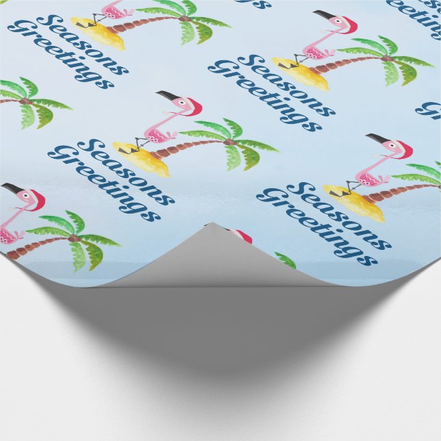 Seasons Greetings Pink Flamingo in Santa Hat Wrapping Paper (Corner)
