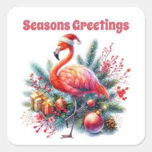 Seasons Greetings pink flamingo Square Sticker