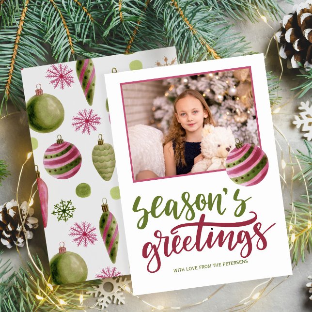 Seasons greetings pink green script photo holiday card (Creator Uploaded)