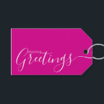 Season's Greetings Pink White Minimalist Gift Tag<br><div class="desc">This minimalist and elegant gift tag features white Season's Greetings text on the front side and on the back side personalise it with your name or family name. The background is in hot pink colour.</div>