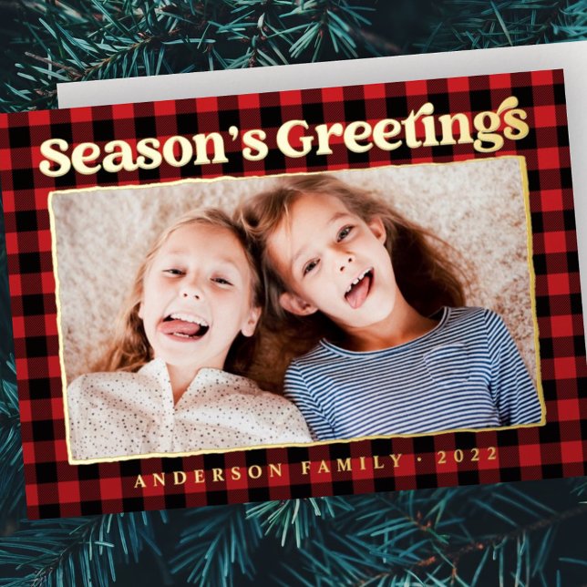 Season's Greetings Plaid Pattern Family Photo (Creator Uploaded)