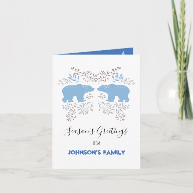 Season's greetings polar bear blue Nordic  white Holiday Card (Front)
