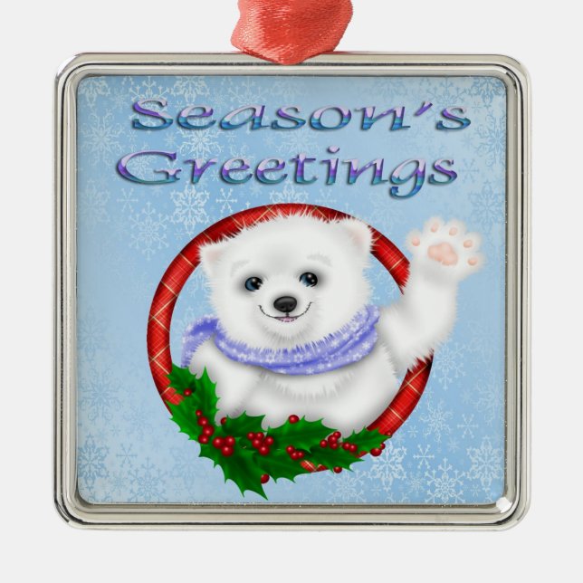 Season's Greetings Polar Bear Premium Square Ornam Metal Tree Decoration (Front)