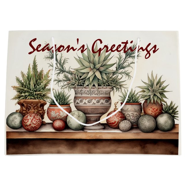 Season's Greetings Potted Succulents Christmas Large Gift Bag (Front)