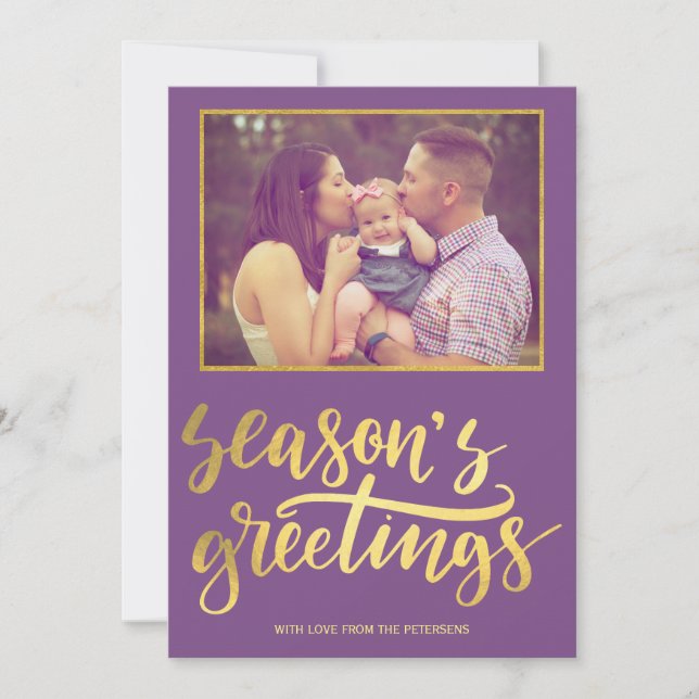 Season's greetings purple violet gold script photo holiday card (Front)