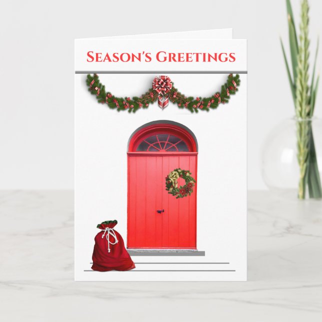 Season's Greetings Red Doors Garland Santa Bag Holiday Card (Front)