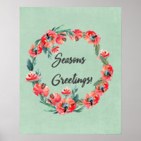 Seasons Greetings Red Floral Watercolor Wreath