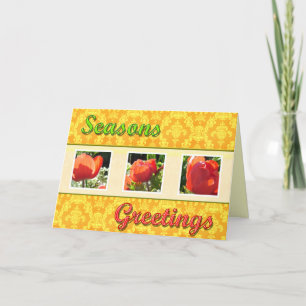 Season's greetings red flowers greeting card. holiday card