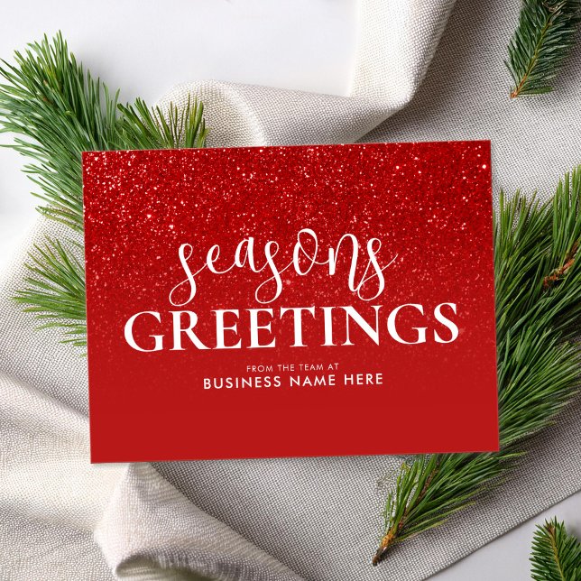 Seasons Greetings Red Glitter Modern Business Holiday Card (Creator Uploaded)