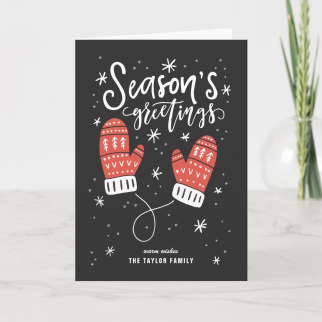 Season's Greetings Red Mittens Holiday Photo Card (Front)