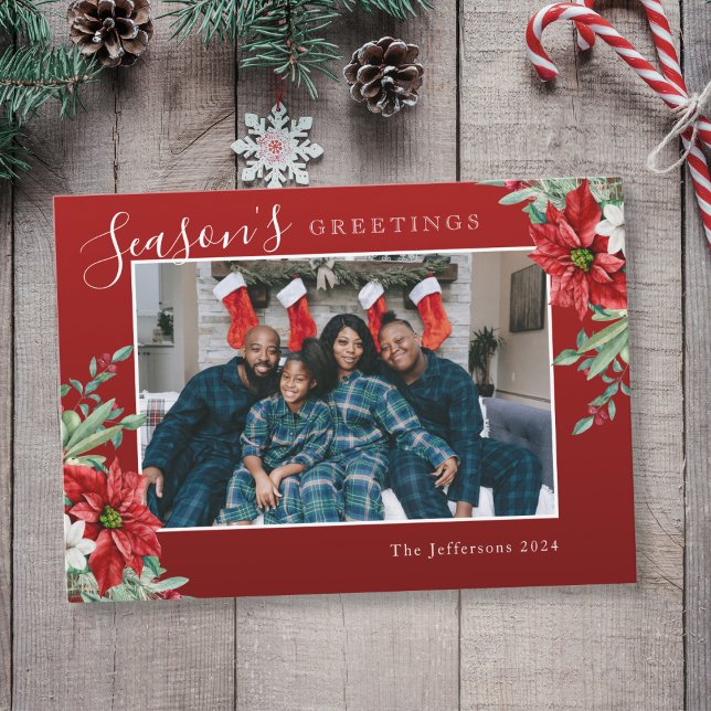 Season's Greetings Red Poinsettia Photo Christmas Holiday Card (Mockup View)
