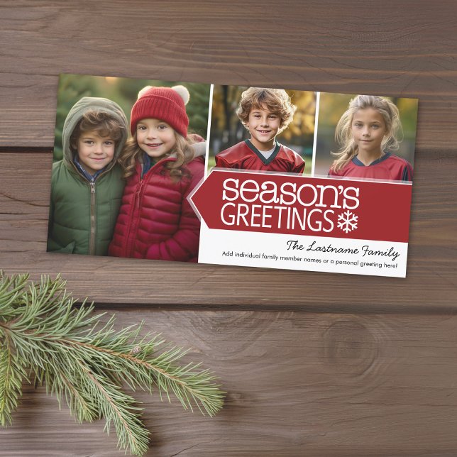 Seasons Greetings Red White - 3 photos Holiday Card (A photo card with a Christmas theme. Add 3 photos and greeting. Download option available.)