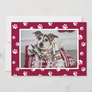 Season's Greetings Red White Paw Prints Dog Photo Holiday Card