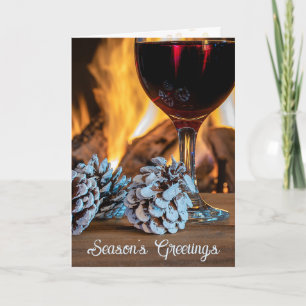 Season's Greetings Red Wine and Pine Cones Holiday Card