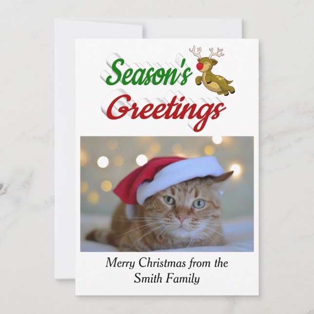 Seasons Greetings Reindeer Christmas Photo script Holiday Card (Front)
