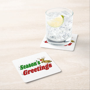 Seasons Greetings Reindeer Christmas typography Square Paper Coaster