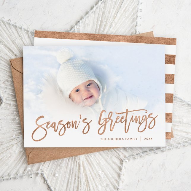 Season's Greetings Rose Gold Script Photo Overlay Holiday Card (Creator Uploaded)