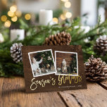 Season's Greetings Rustic Gold Script Photo<br><div class="desc">Affordable custom printed photo greeting cards with simple templates for customisation. This rustic chic design features a 2 photo template with real gold foil script text on a wood-look background. Personalise it with your photos, family name, the year or other custom text. Reverse side has space for additional photos and...</div>