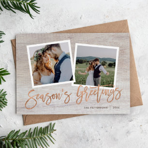 Season's Greetings Rustic Rose Gold Script Photo Holiday Card