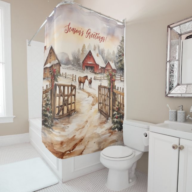 Season's Greetings Rustic Victorian Yard Christmas Shower Curtain (In Situ)
