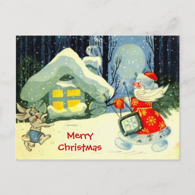 Seasons Greetings, Santa at work Holiday Postcard (Front)