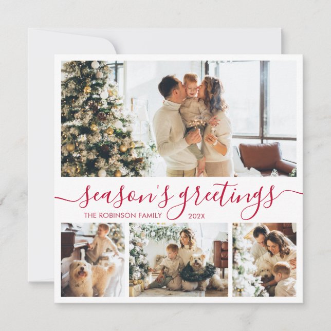 Season's Greetings Script Photo Collage Christmas Holiday Card (Front)
