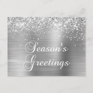 Season's Greetings Silver Glittery Faux Foil Holiday Postcard