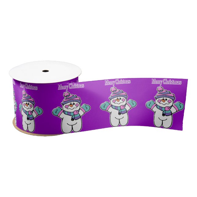 Seasons Greetings, Snowman Merry Christmas Purple Satin Ribbon (Spool)