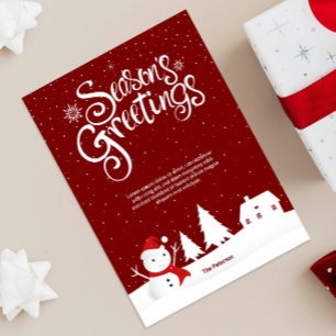 Season's Greetings   Snowman Snowy Hills on Red Card