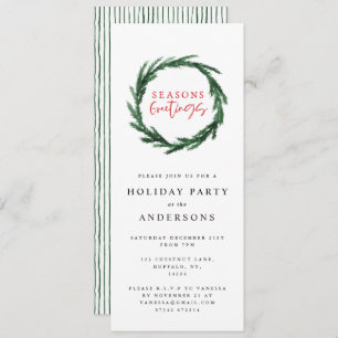 Seasons greetings stripe watercolor wreath holiday invitation