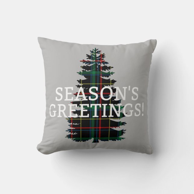 Season's Greetings Tartan Plaid Christmas Tree Cushion (Front)
