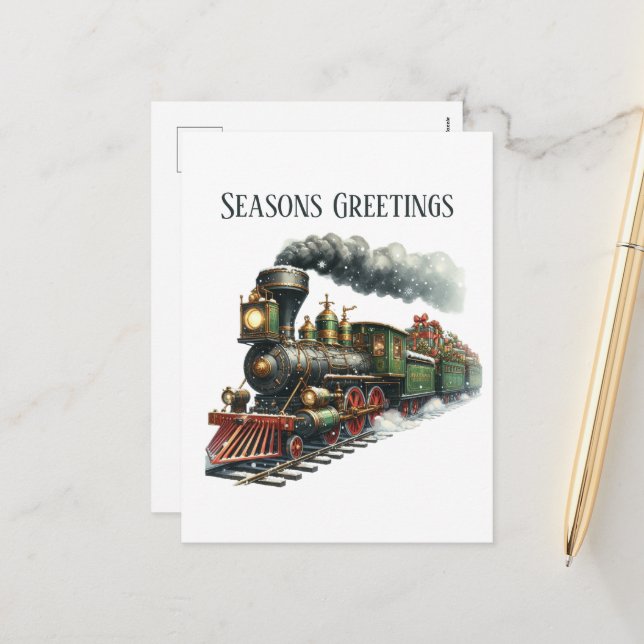 Seasons Greetings train add message Holiday Postcard (Front/Back In Situ)