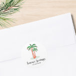 Season's Greetings Tropical Palm Tree Christmas Classic Round Sticker<br><div class="desc">These Christmas stickers feature tropical palm trees decorated with lights and baubles. They say "Season's Greetings" in stylish script typography. Easily customisable. Original Watercolor © Michele Davies.</div>