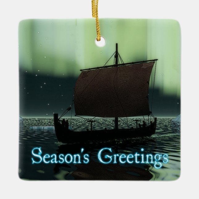 Season's Greetings - Viking Ship Ceramic Tree Decoration (Front)
