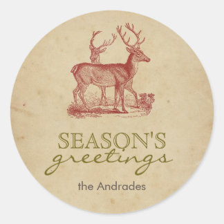 Season's Greetings Vintage Christmas Deer Rustic Classic Round Sticker