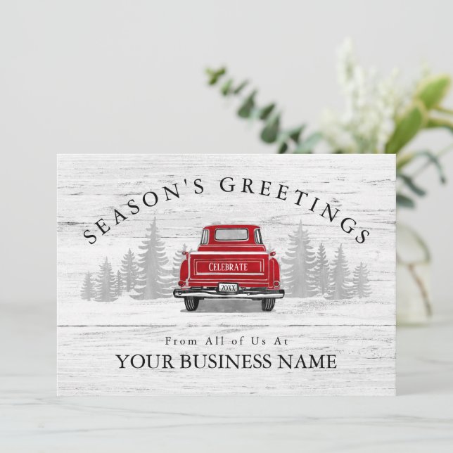 Season's Greetings Vintage Red Truck Business Holiday Card (Standing Front)