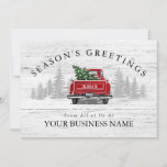 Season's Greetings Vintage Red Truck Business Holiday Card<br><div class="desc">This rustic corporate business holiday card features a vintage red truck on a background of white and grey weathered wood with pine trees. Above it reads Season's Greetings and below it reads "From All of Us At (your business name)." The back of the card is a matching weathered wood and...</div>