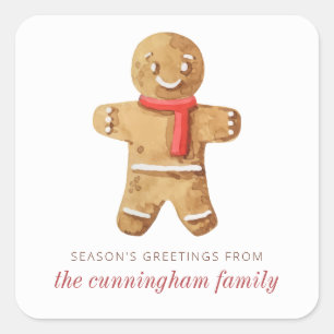 Season's Greetings Watercolor Gingerbread Man Square Sticker