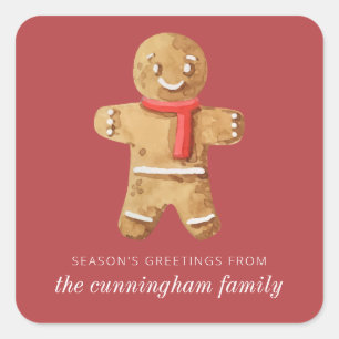 Season's Greetings Watercolor Gingerbread Man Square Sticker
