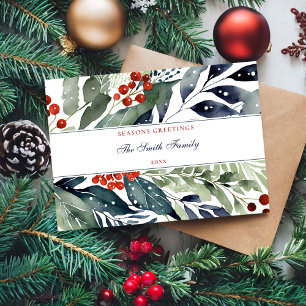 Seasons Greetings Watercolor Greenery Christmas Holiday Card