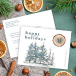 Seasons greetings watercolor pine forest corporate holiday postcard<br><div class="desc">Simple elegant blue grey watercolor pine trees woodland forest and a monogrammed brown wood log making a rustic stylish business corporate classy holiday postcard for your customers, partners, or employees. Easy to personalise with your business name, monogram / name initials, your wishes (you can change 2 lines of text) on...</div>