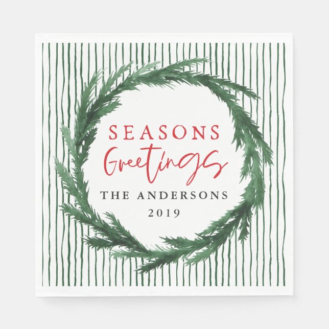 Seasons greetings watercolor wreath + stripe napkin (Front)
