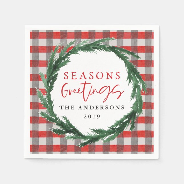 Seasons greetings watercolor wreath + tartan napkin (Front)