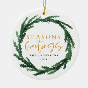 Seasons greetings watercolour wreath ceramic tree decoration