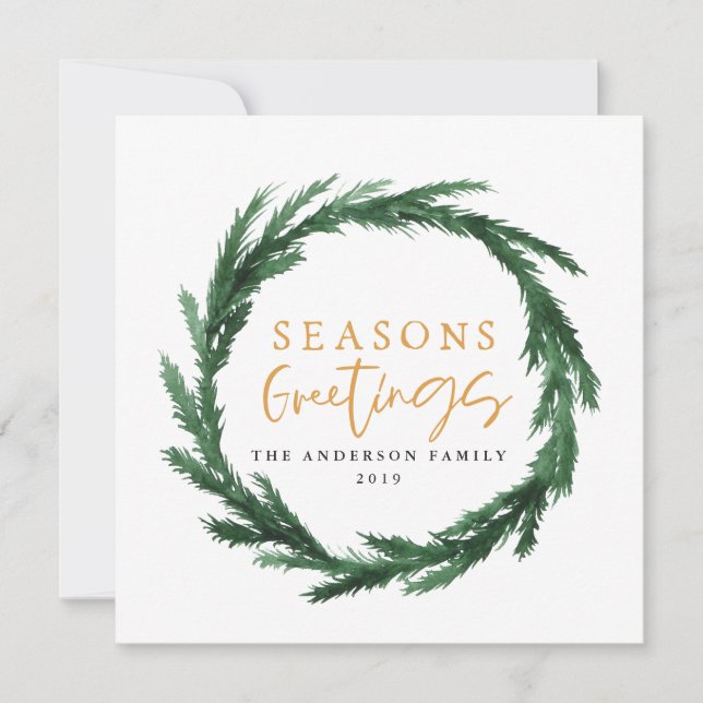 Seasons greetings watercolour wreath holiday card (Front)