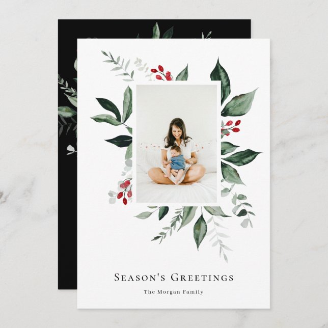 Season's Greetings Winter Berry Botanical Photo Holiday Card (Front/Back)