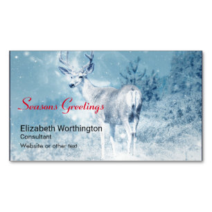 Seasons Greetings Winter Deer and Pine Trees Magnetic Business Card